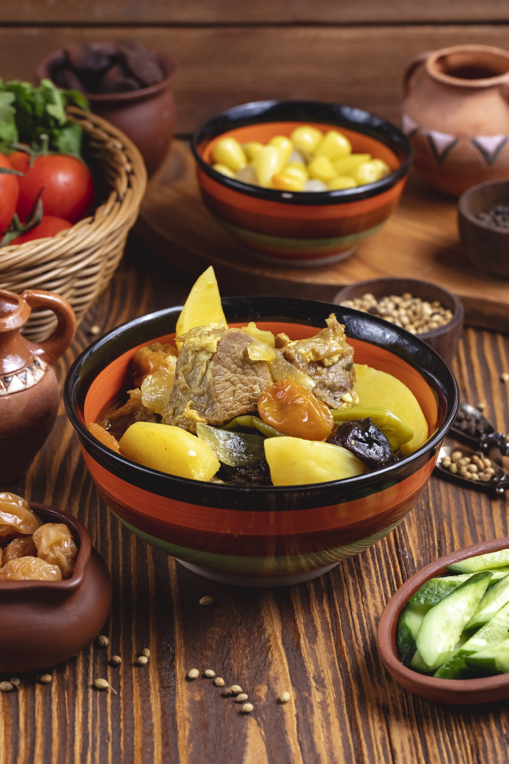 buglama lamb potato bell pepper prunes tomato cucumber side view